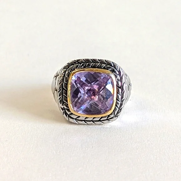 Vintage Cushion Cut Amethyst Silver-plated Ring Vine Frame Open Pebble Design - Picture 5 of 9